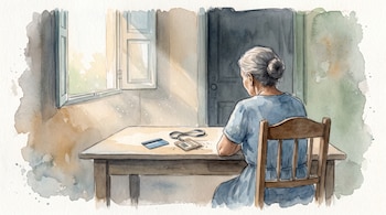 Ilustración en acuarela de una mujer de espaldas sentada a una mesa donde hay una tarjeta bancaria y una credencial junto a una ventana.