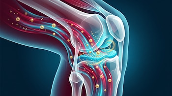 Ilustración vectorial de una articulación de rodilla transparente con un flujo rojo y azul decorado con pequeñas esferas doradas brillantes.