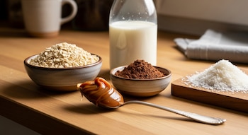 Ingredientes culinarios en una mesada de madera: un tazón de avena, una cuchara con dulce de leche, una botella de leche, cacao y coco rallado.