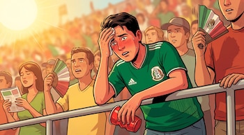 Ilustración de un aficionado con camiseta de la selección mexicana, visiblemente afectado por el calor, en un estadio soleado con otros espectadores. Sostiene un vaso rojo.