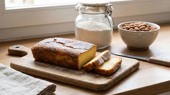Budín de vainilla parcialmente rebanado y espolvoreado con azúcar glas sobre una tabla de madera. Al fondo, un frasco con harina y un cuenco con almendras en una mesada.