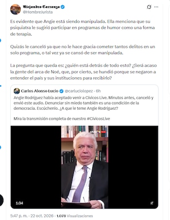 Alejandro Carranza aseguró que Angie Rodríguez estaría siendo manipulada - crédito @HombreJurista/X