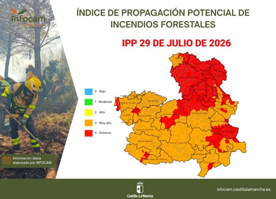 Riesgo de incendios en Castilla-La Mancha este miércoles 29 de julio. (INFOCAM)