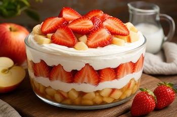 Recipiente de vidrio con capas de manzana picada, crema y fresas troceadas, acompañado de manzanas enteras y fresas sueltas.