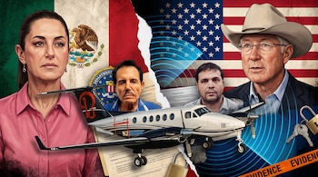 Retratos de Sheinbaum, Salazar, Zambada y Guzmán López; un avión, banderas de México y Estados Unidos, un sello del FBI, documentos, un candado y llaves.