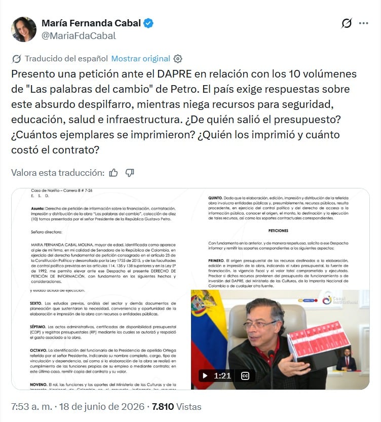La congresista requirió el número total de copias y la cifra correspondiente a cada volumen, junto con información sobre el almacenamiento, el transporte y la entrega, para establecer el alcance real de la circulación del proyecto - crédito captura de pantalla @maríaFdaCabal / X