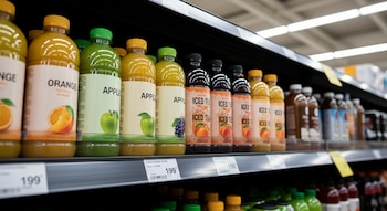 Vista de cerca de botellas de jugo de naranja y manzana, y té helado de durazno y uva, en un estante de supermercado iluminado.