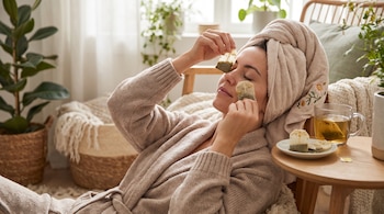 Mujer con toalla en la cabeza y bata, aplicando dos bolsitas de té a los ojos cerrados. Sobre una mesa hay una taza de té caliente y dos bolsitas de té usadas.