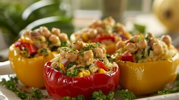 Plato de pimientos rellenos de garbanzos y col, opción vegetariana saludable y sabrosa, con colores vibrantes y sabores frescos. - (Imagen Ilustrativa Infobae)