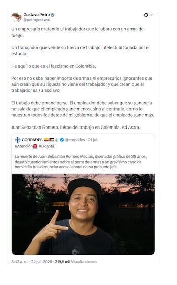 Gustavo Petro se pronunció sobre muerte de Juan Sebastián Romero