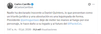 Carlos Carrillo aseguró que la nulidad de la imputación no equivale a una absolución y cuestionó la interpretación del fallo - crédito @CarlosCarrilloA/X