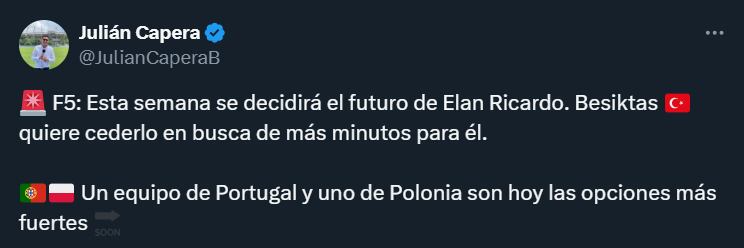 Elan Ricardo no continuaría en el Besiktas de Turquía- crédito @JulianCaperaB/X