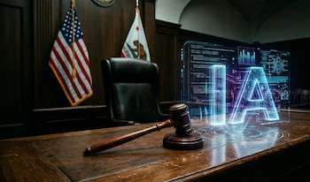 Mazo de madera sobre un escritorio de cuero en un tribunal. Al fondo, banderas de Estados Unidos y California. Una proyección digital azul de 'IA' y datos flota sobre la mesa