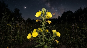 Planta de onagra con flores amarillas y un insecto en vuelo frente a ella, en un entorno nocturno con estrellas y una luna creciente.