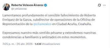 El titular de la Secretaría de Relaciones Exteriores, Roberto Velasco Álvarez, expresó sus condolencias a través de su cuenta de X. (Crédito: X | @r_velascoa)