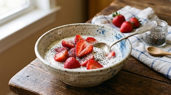 Cuenco de cerámica con yogur, trozos de fresa, semillas de chía y una cuchara de metal sobre una mesa de madera con fresas enteras al fondo.