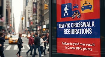 Primer plano de letrero en Nueva York con texto e iconos sobre regulaciones de pasos de peatones y puntos DMV. Fondo borroso de calle con peatones y taxis.