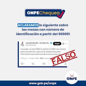Imagem digital ONPE rejeita tweet sobre mesa eleitoral. Os prompts são removidos com a palavra 'FALSE' em vermelho. Você pode ver o logotipo do ONPE