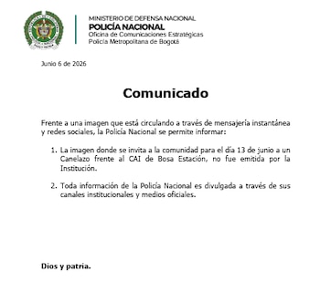 Comunicado oficial de la Policía Nacional sobre presunto "canelazo" contra las protestas en Bogotá - crédito Policía Nacional