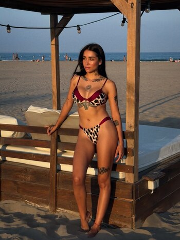 Una mujer con cabello oscuro y bikini de animal print posa de pie junto a una estructura de madera en la arena de una playa con el mar de fondo
