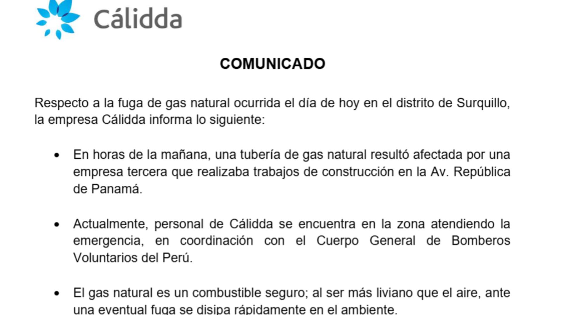 Comunicado Cálidda
