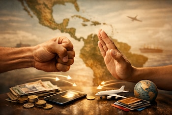 Un puño y una mano abierta frente a un mapa de América Latina y el Caribe con billetes, monedas, teléfono, tarjetas de crédito, avión de juguete y globo terráqueo.