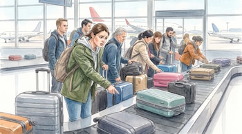 Ilustración de personas junto a una cinta transportadora de equipaje en la sala de un aeropuerto con aviones al fondo.