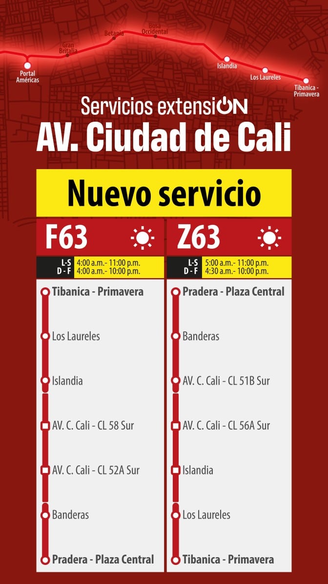 El servicio Z63–F63 conectará Bosa y Tibanica con Pradera y Plaza Central para fortalecer los viajes de menor recorrido en la troncal Américas - crédito Transmilenio
