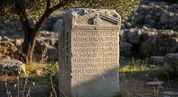Estela de piedra antigua con inscripción griega tallada, destacada bajo luz natural suave, rodeada de vegetación mediterránea y restos arqueológicos.