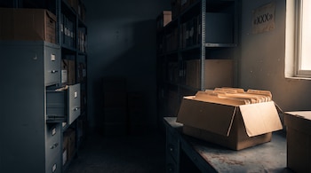 Una caja en una mesa contiene carpetas con las etiquetas Informe confidencial y República Dominicana dentro de una sala de archivos.