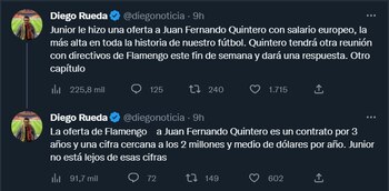 La oferta de Flamengo sería superior a la que le ofreció Junior en su reunión del pasado viernes, de acuerdo con lo expresado por el periodista deportivo (Twitter: @diegonoticia).