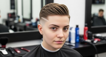 Retrato de una persona con cabello corto y degradado, una línea afeitada lateral y peinado prolijo, mirando directamente a cámara en un salón de belleza.