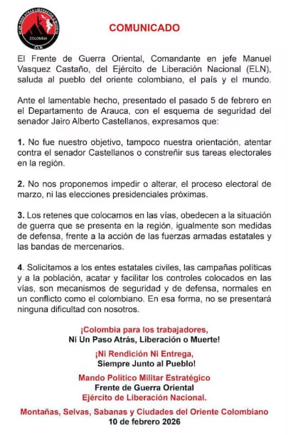 El Frente de Guerra Oriental, Comandante en jefe Manuel Vásquez Castaño, sostuvo que se propone alterar, el proceso electoral de marzo, ni las próximas elecciones presidenciales - crédito ELN