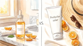 Botella de sérum de vitamina C, rodajas de naranja, hoja verde, toalla blanca, protector solar, sombrero de paja, gafas de sol y texto "VS.".