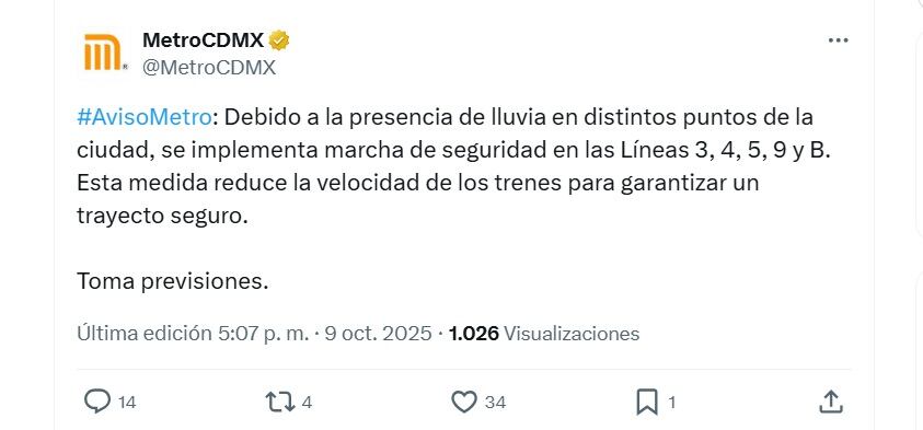 Activan marcha lenta en el Metro CDMX (X/ @MetroCDMX)