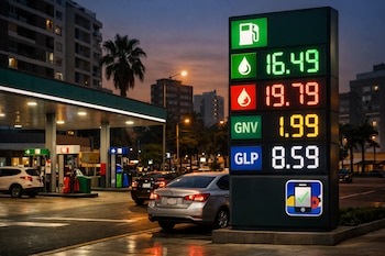 Panel digital de precios de combustibles (símbolos, GNV, GLP) con cifras (16.49, 19.79, 1.99, 8.59) e icono de app móvil. Estación de servicio, coches, edificios.