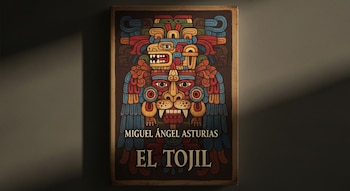 Portada de libro titulada "El Tojil" de Miguel Ángel Asturias, con ilustración de figura mitológica precolombina y sombras a la izquierda.
