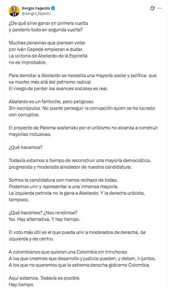 Sergio Fajardo publicó un extenso mensaje en el que analizó el panorama electoral y cuestionó a Abelardo de la Espriella - crédito @Sergio_Fajardo/X