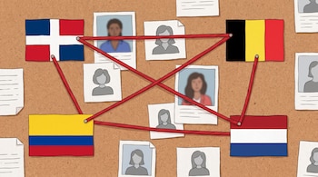 Tablero de corcho con fotos de mujeres, siluetas, papeles, banderas de República Dominicana, Colombia, Bélgica y Países Bajos, unidos con hilos rojos.