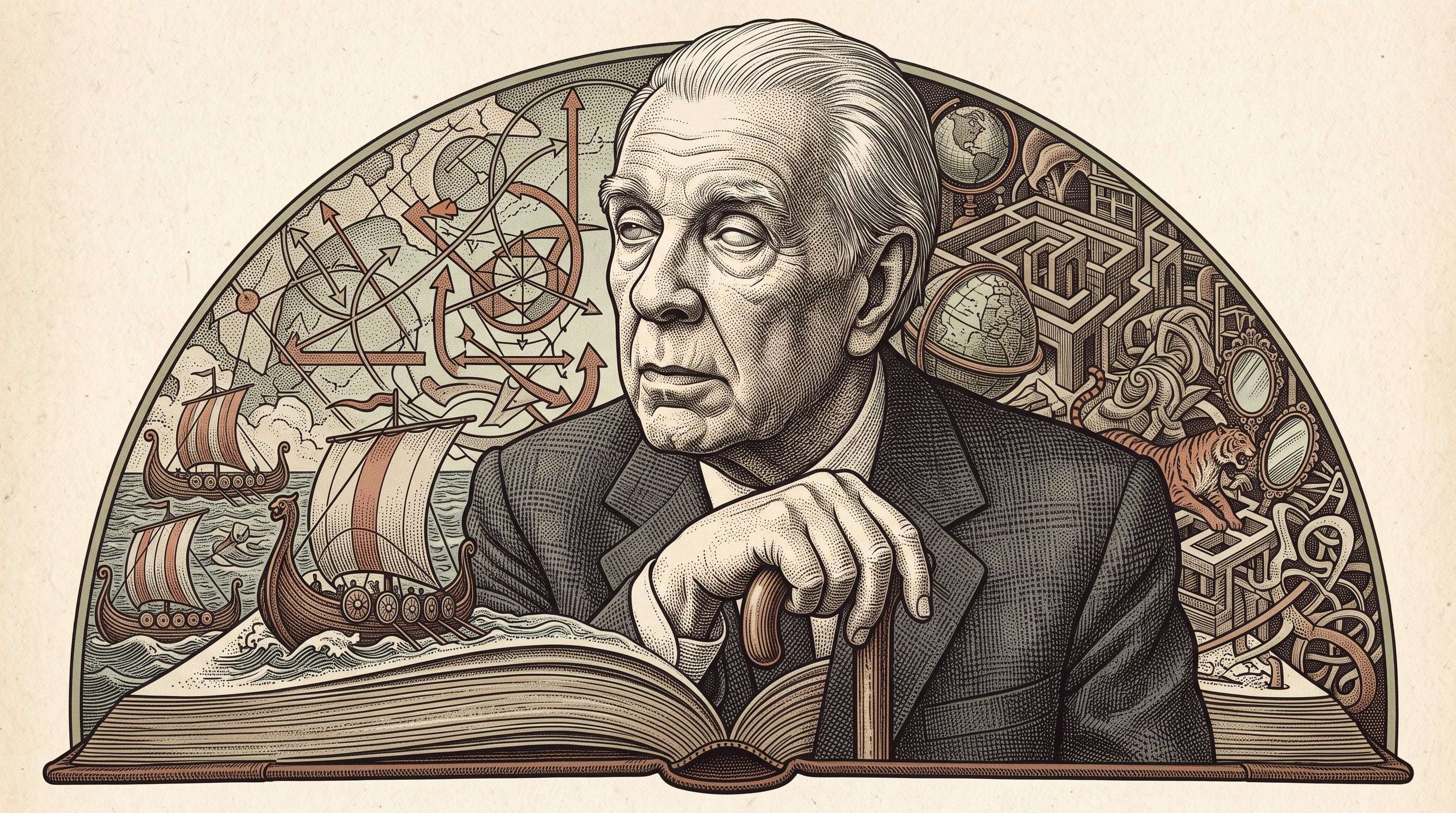 El escritor argentino Jorge Luis Borges figura en una ilustración rodeado por laberintos, barcos vikingos y mapas que brotan de un libro abierto. (Imagen Ilustrativa Infobae)