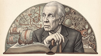 Retrato en grabado de Jorge Luis Borges sosteniendo un bastón sobre un libro abierto, rodeado por embarcaciones vikingas, un laberinto y un tigre.