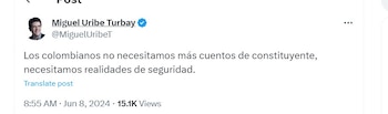 Miguel Uribe Turbay se fue en contra de la propuesta de una constituyente del presidente - crédito @MiguelUribeT