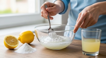 Dos manos, una cuchara, polvo blanco, líquido amarillo espumoso en bol de cristal, jugo amarillo en vaso, dos limones, mesa de madera, ventana.