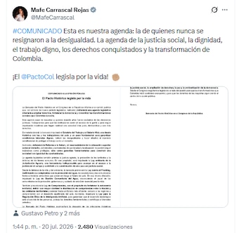 Mafe respaldó la hoja de ruta del Pacto Histórico y afirmó que las iniciativas buscan fortalecer los derechos laborales y sociales - crédito @MafeCarrascal/X