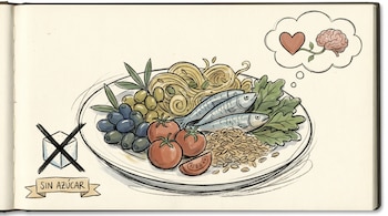 Ilustración de un plato con pescado, aceitunas, tomates, pasta y verduras. A la izquierda, un cubo de azúcar tachado y "SIN AZÚCAR". Arriba, un corazón y un cerebro en una nube.