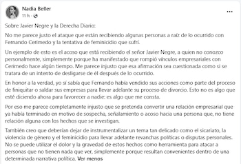 Captura de pantalla de una publicación en la red social Facebook con texto atribuido a Nadia Beller
