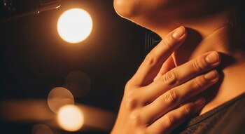 Primer plano lateral del cuello y la barbilla de una persona con una mano sobre la garganta. Un micrófono y luces bokeh cálidas se ven al fondo.