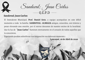 La muerte de Sandoval generó conmoción en la comunidad de Loncopué y motivó mensajes de condolencias del intendente municipal y de diversas instituciones