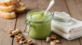 Frasco de vidrio con crema de pistacho verde y una cuchara metálica, pistachos en cáscara, pistachos pelados, rebanadas de pan y un paño blanco sobre una tabla de madera.