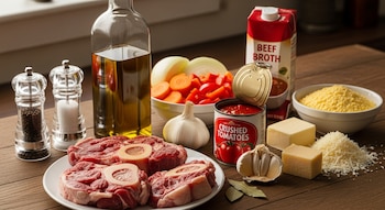 Ponte de ossobuco cru, azeite, sal, pimenta, cebola, cenoura, pimentão, alho, tomate esmagado, caldo, polenta, manteiga e queijo ralado sobre uma mesa de madeira.